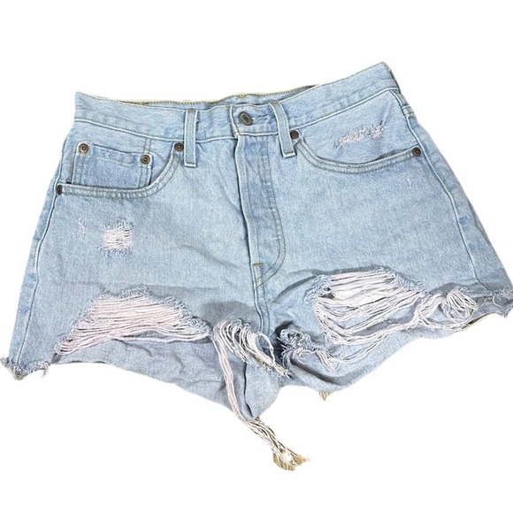 Levi 501 Distressed High Rise Button Fly Denim Jean Shorts Size 27 Pink Distress - Picture 1 of 6